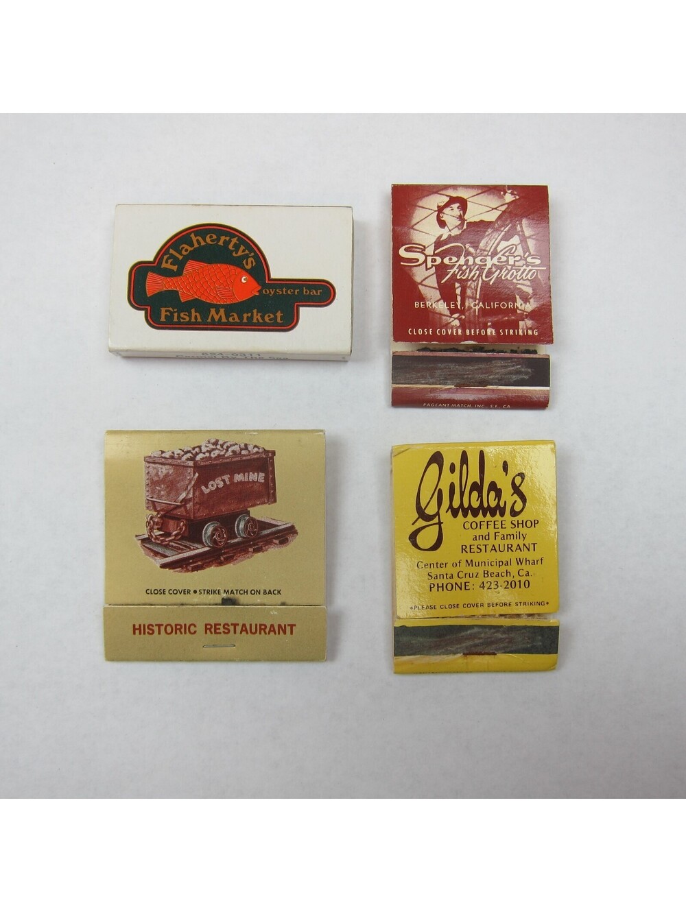 4 Matchbook Covers Flahertys, Spengers Fish Grotto, Lost Mine, Gildas California